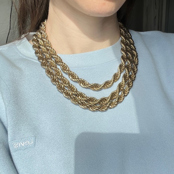 Faux Gold 3 Layer Robe Chain Modern Chunky Statement Necklace Minimalist - Picture 2 of 7